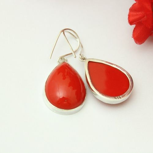 Red Coral earrings, Coral dangle earrings, Tear drop silver jewelry