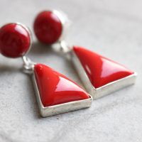 Red Coral earrings, Coral dangle earrings, Geometric silver jewelry