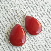 Red Coral earrings, Red drop silver earrings, Large earrings