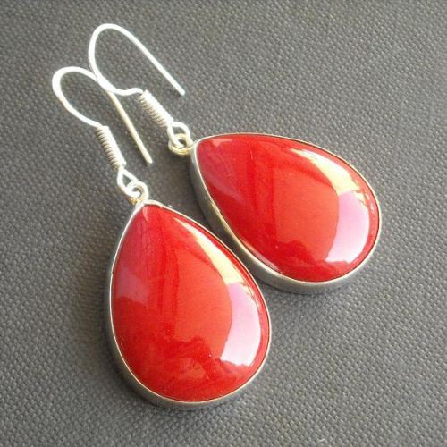 Red Coral earrings, Red drop silver earrings, Large earrings