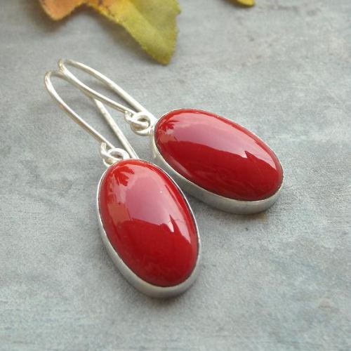 Buy Red Coral earrings, Sterling silver earrings, Oval gemstone