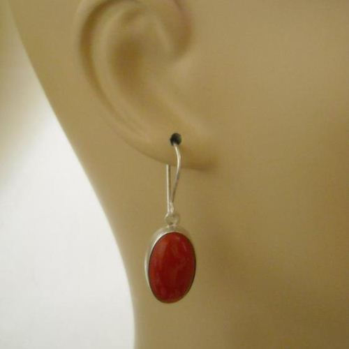 Red Coral earrings, Sterling silver earrings, Oval gemstone earrings
