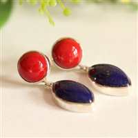 Red Coral lapis sterling silver earrings -post gemstone earrings
