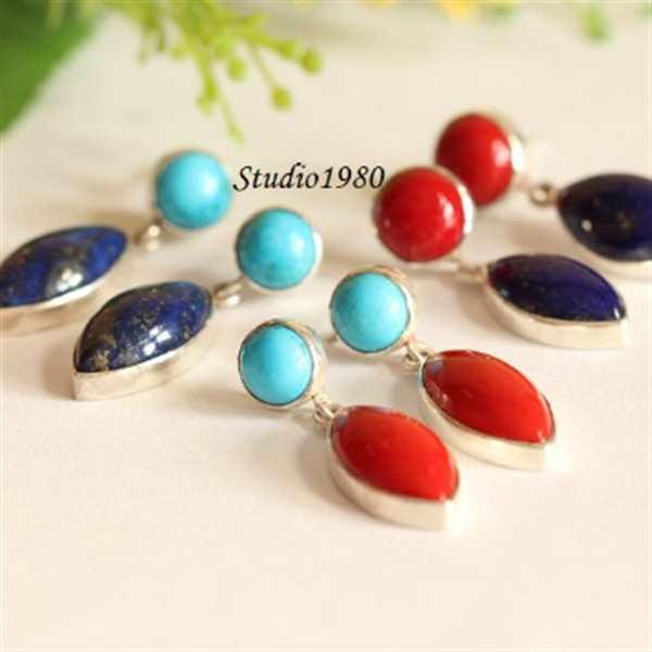 Red Coral lapis sterling silver earrings -post gemstone earrings