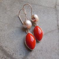 Red Coral pearl earrings, Sterling silver gemstone artisan earrings