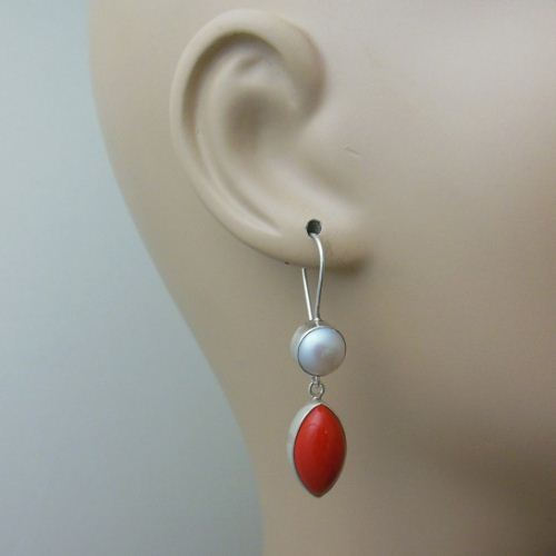 Red Coral pearl earrings, Sterling silver gemstone artisan earrings