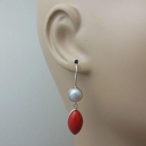 Red Coral pearl earrings, Sterling silver gemstone artisan earrings