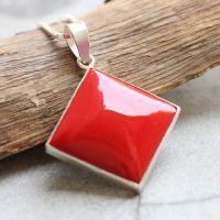 Red Coral pendant, Square pendant, Silver red stone pendant 