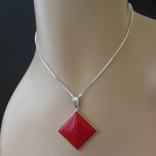 Red Coral pendant, Square pendant, Silver red stone pendant 