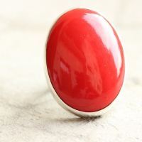 Red Coral ring, Oval ring, Bold silver red stone ring