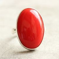 Red Coral ring, Oval ring, Bold silver stone ring