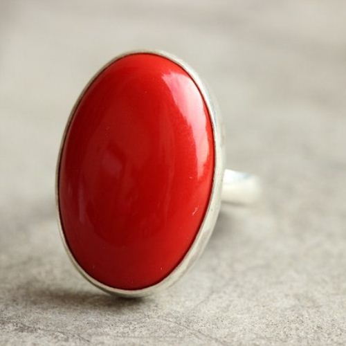 Red Coral ring, Oval ring, Bold silver stone ring