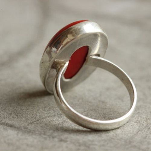 Red Coral ring, Oval ring, Bold silver stone ring