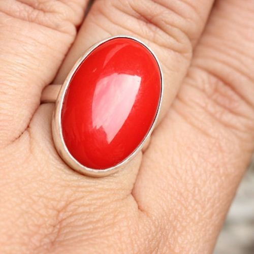 Red Coral ring, Oval ring, Bold silver stone ring