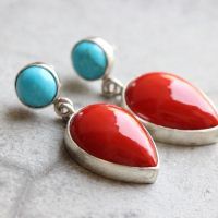 Red Coral turquoise earrings, Artisan silver earrings