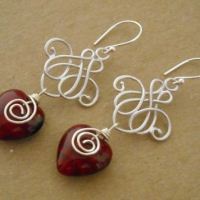 Red Heart earrings, Chandelier earrings, Sterling silver wire wrapped earrings