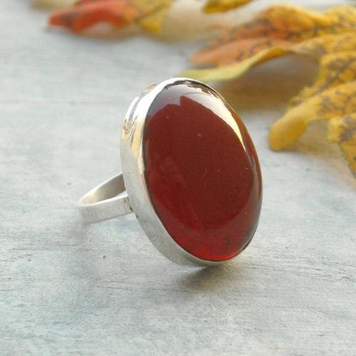 Red cocktail ring, Sterling silver oval carnelian ring jewelry