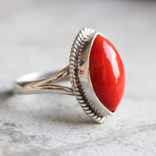 Red coral Ring, Artisan silver ring, Gemstone silver ring