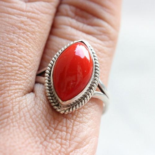 Red coral Ring, Artisan silver ring, Gemstone silver ring