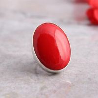 Red coral cabochon ring, Oval cab artisan sterling silver ring 