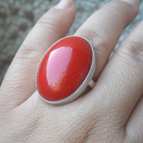 Red coral cabochon ring, Oval cab artisan sterling silver ring 