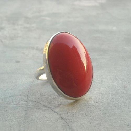 Red coral cabochon ring, Oval cab artisan sterling silver ring 