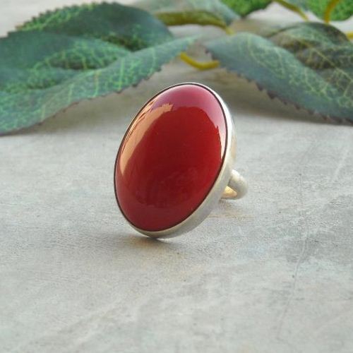 Red coral cabochon ring, Oval cab artisan sterling silver ring 