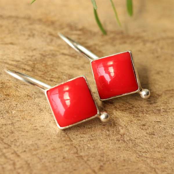 Red coral earrings - Coral silver earrings - Coral dangle earrings
