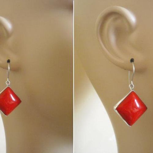 Red coral earrings, Hook earrings, Cushion cut gemstone silver earrings