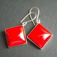 Red coral earrings, Red earrings, Square cut silver earrings