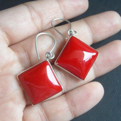 Red coral earrings, Red earrings, Square cut silver earrings