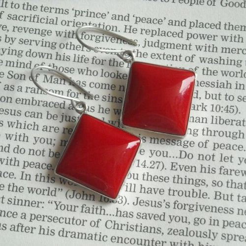 Red coral earrings, Red earrings, Square cut silver earrings