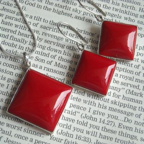 Red coral earrings, Red earrings, Square cut silver earrings