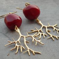 Red coral earrings, 14K yellow gold filled dangle earrings