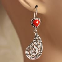 Red coral filigree earrings, Artisan sterling silver earrings