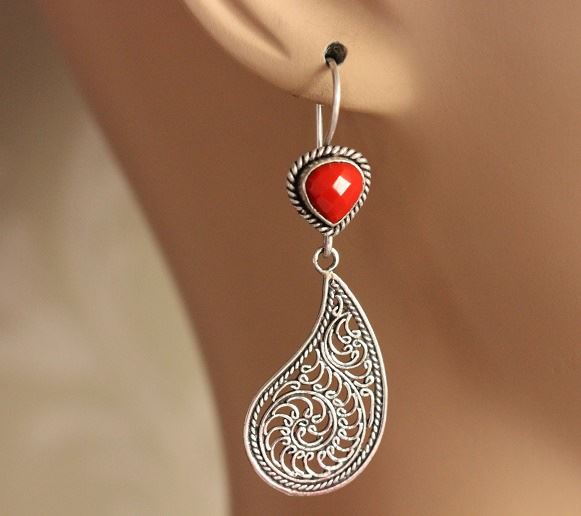 Buy Red coral filigree earrings, Artisan sterling silver earrings ...