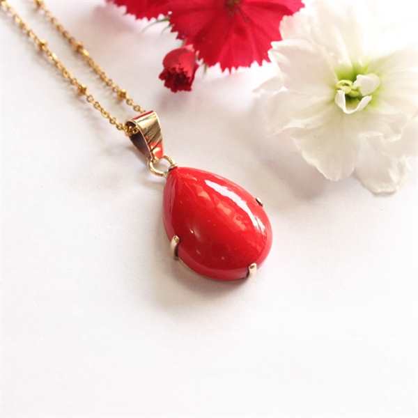 Red coral gold pendant -14k yellow gold pendant 