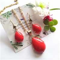 Red coral gold pendant -14k yellow gold pendant earrings
