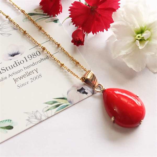 Red coral gold pendant -14k yellow gold pendant earrings