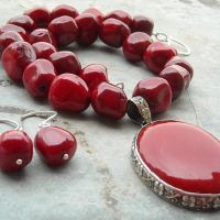 Red coral necklace earring set, Oval large silver set