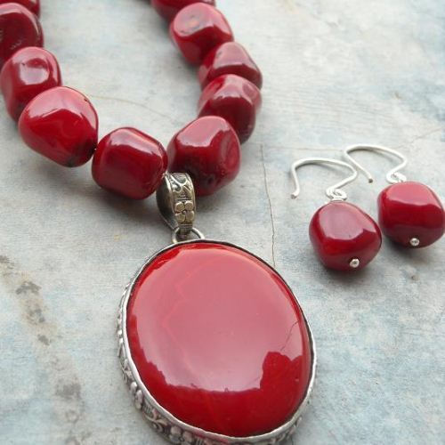 Red coral necklace earring set, Oval large silver set