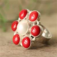 Red coral pearl flower silver handmade ring