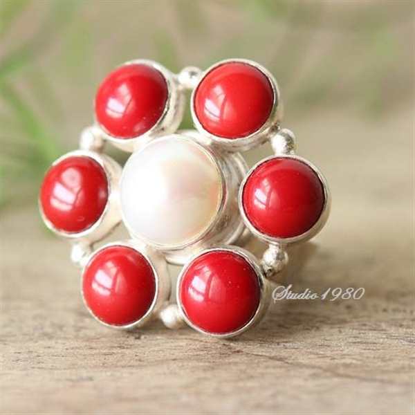 Red coral pearl flower silver handmade ring