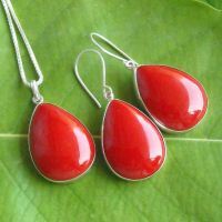 Red coral pendant and earrings set, Red coral silver jewelry