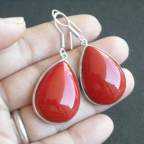 Red coral pendant and earrings set, Red coral silver jewelry