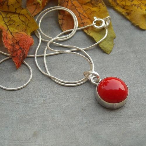 Red coral pendant chain, Unique handmade silver jewelry
