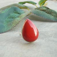 Red coral ring, Red coral silver ring, Tear drop handmade ring