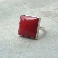 Red coral ring, Square rings, Square cut handmade silver jewelry