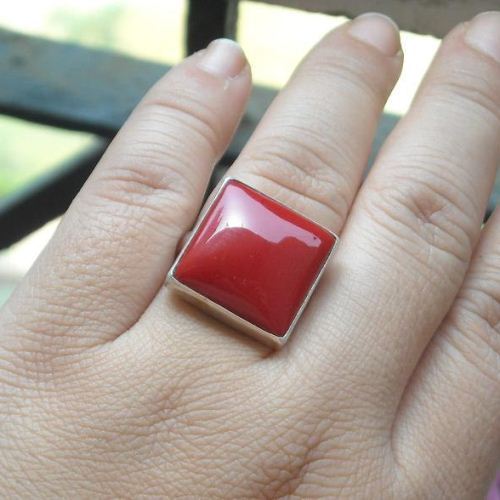 Red coral ring, Square rings, Square cut handmade silver jewelry