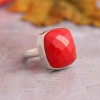 Red coral ring, Square shape rings, Handmade coral silver ring